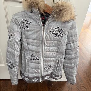 Bogner Silver Quilted Jacket with Fur Trim - Size 4